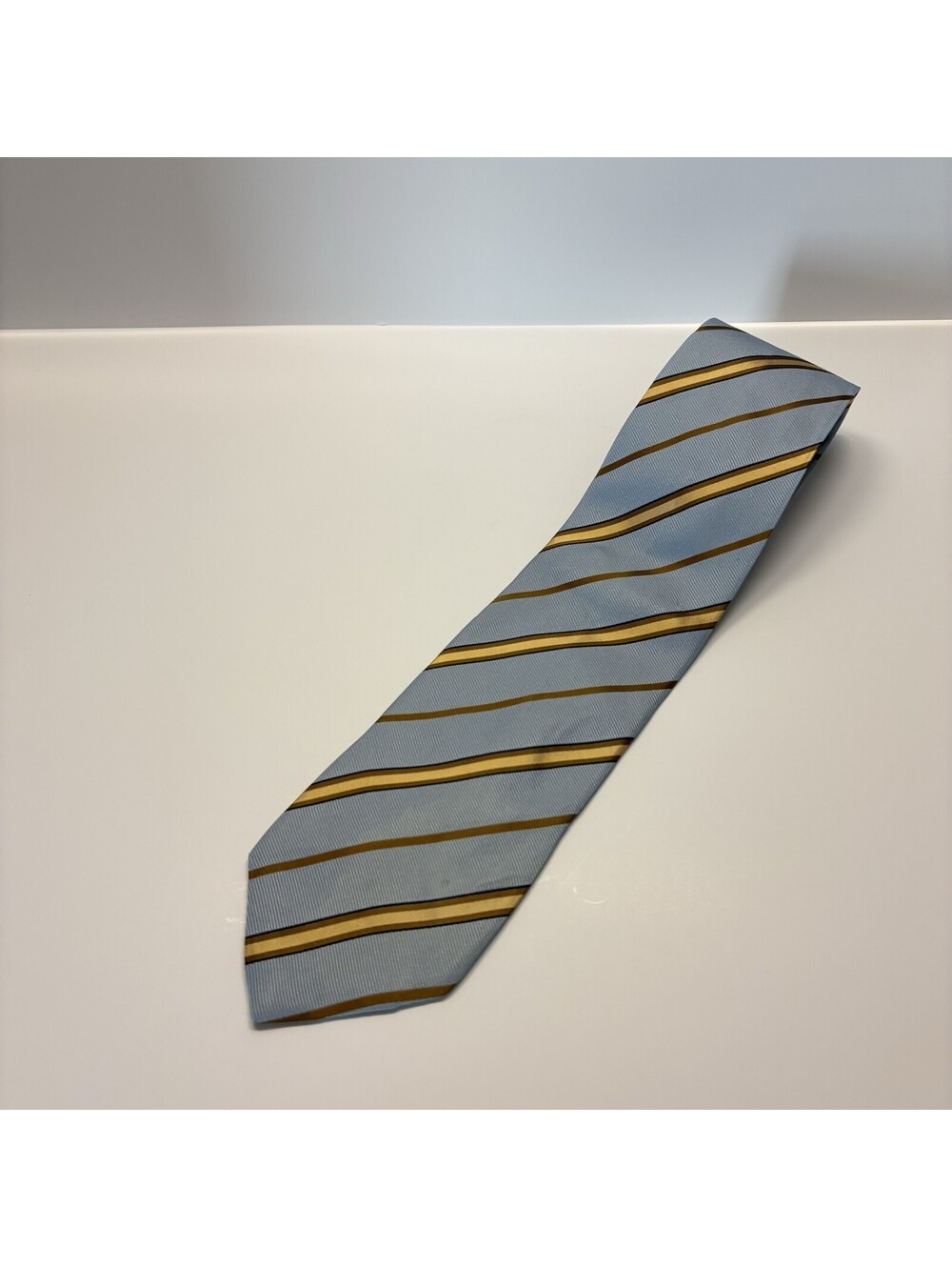 Burberry Mens 100% Silk Tie Light Blue Gold Brown Striped Made in Italy Knight